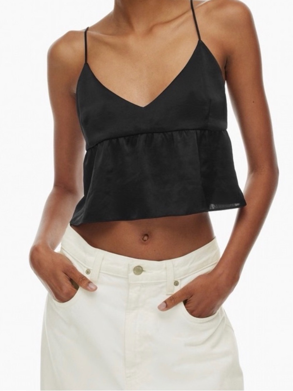 Wilfred Black Satin V-Neck Spaghetti Strap Crop Top